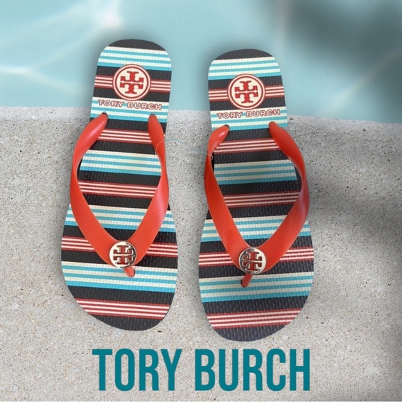 - TORY BURCH RED THONG FLAT FLIP FLOP SUMMER RUBBER BEACH POOL SHOES 7 - Picture 1 of 6